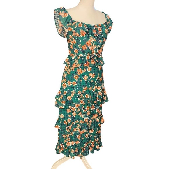 Tularosa Kelly Green Floral Ruffle Gingham Tiered Back Zip Lily Dress Women S - Picture 5 of 10